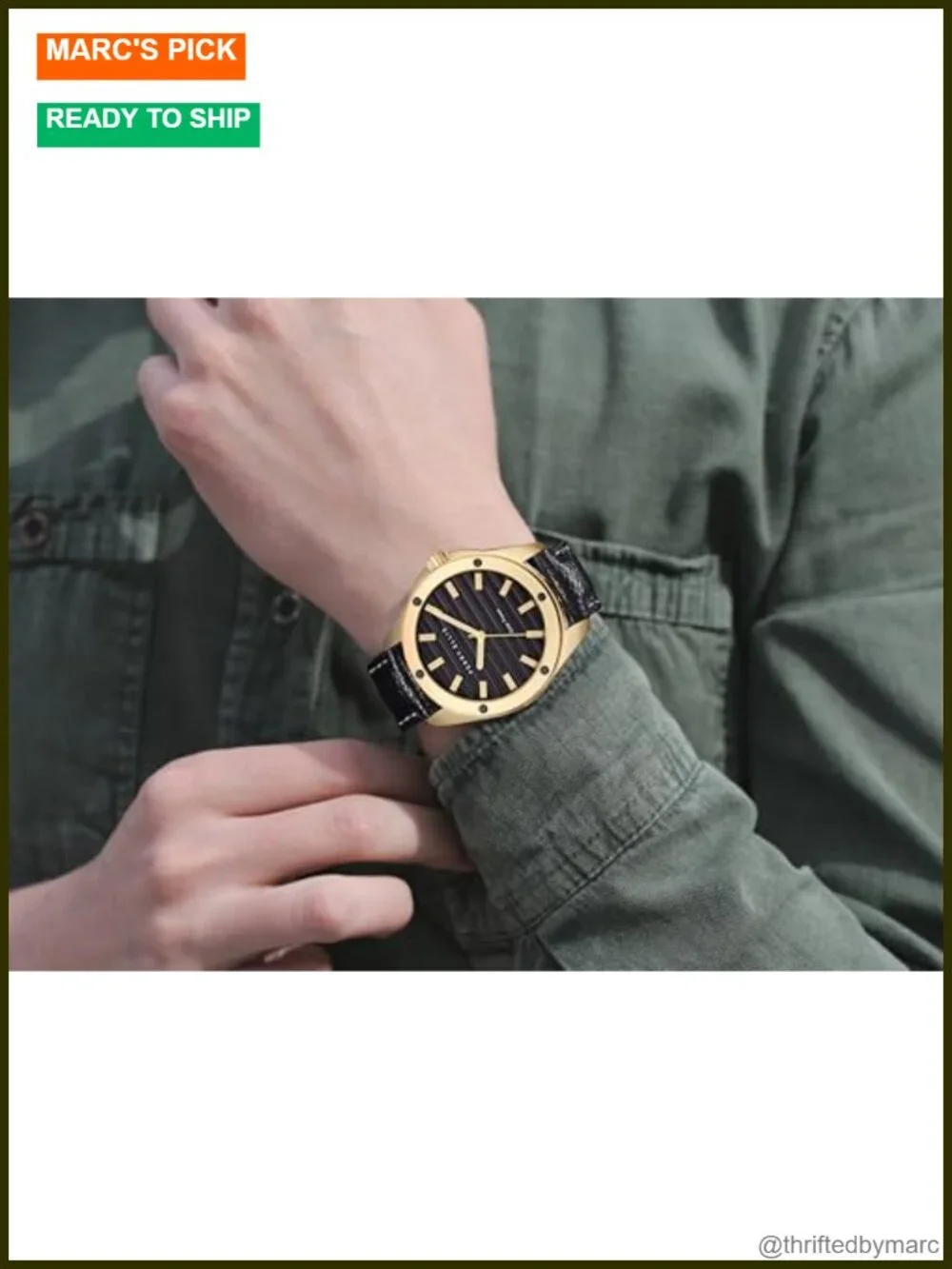 Solar Powered Mens Watch 42mm Vegan Leather Analog Wrist Watch Water Resistant
